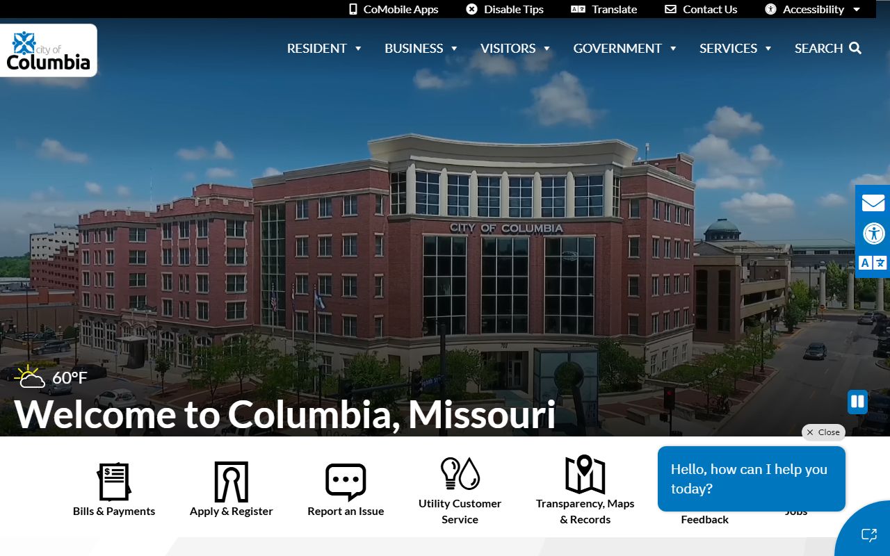 Columbia city services portal with court records information
