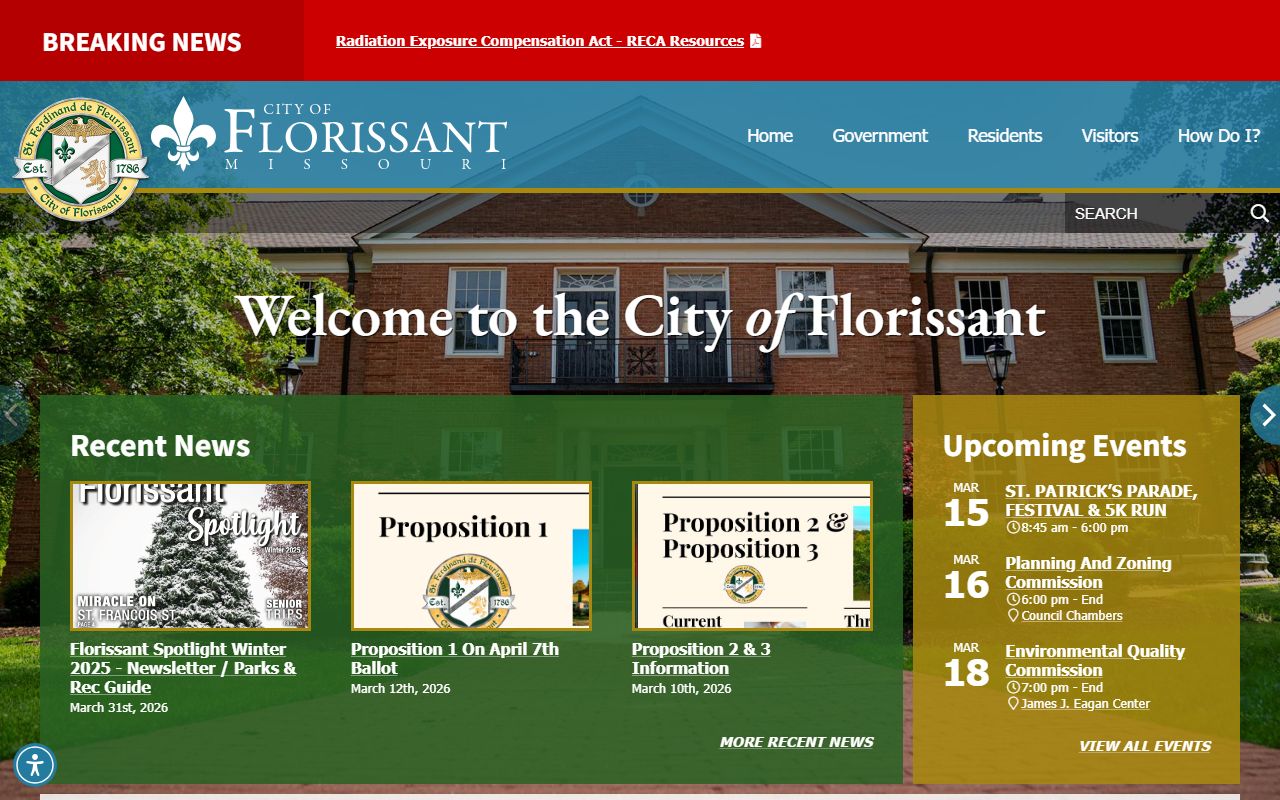 Florissant city website with municipal court and city services information