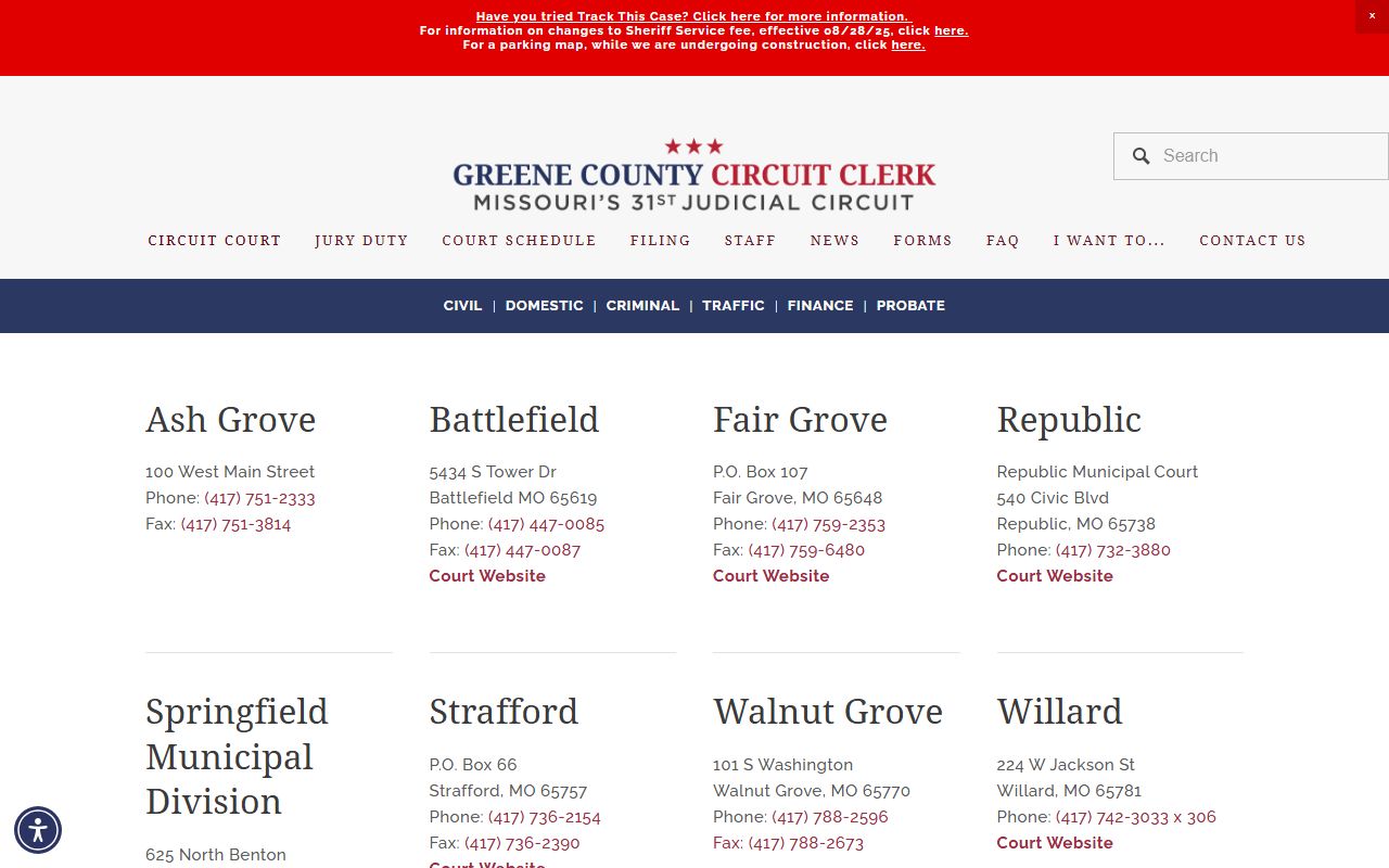 Greene County municipal courts page showing court locations in the county
