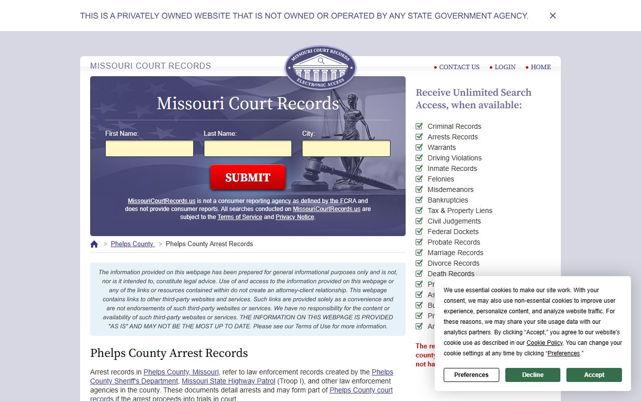 Phelps County court records and arrest records information page