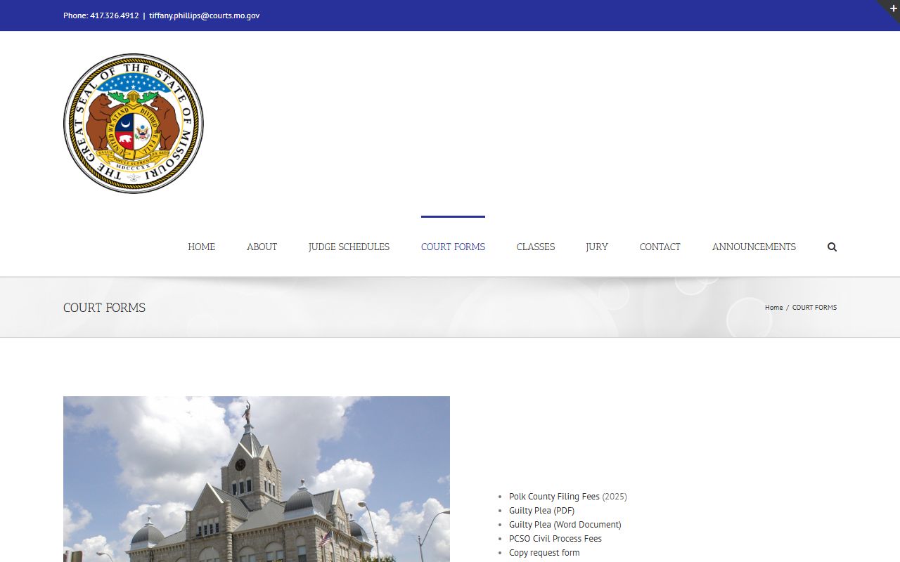 Polk County Courts forms page with filing fees and court documents